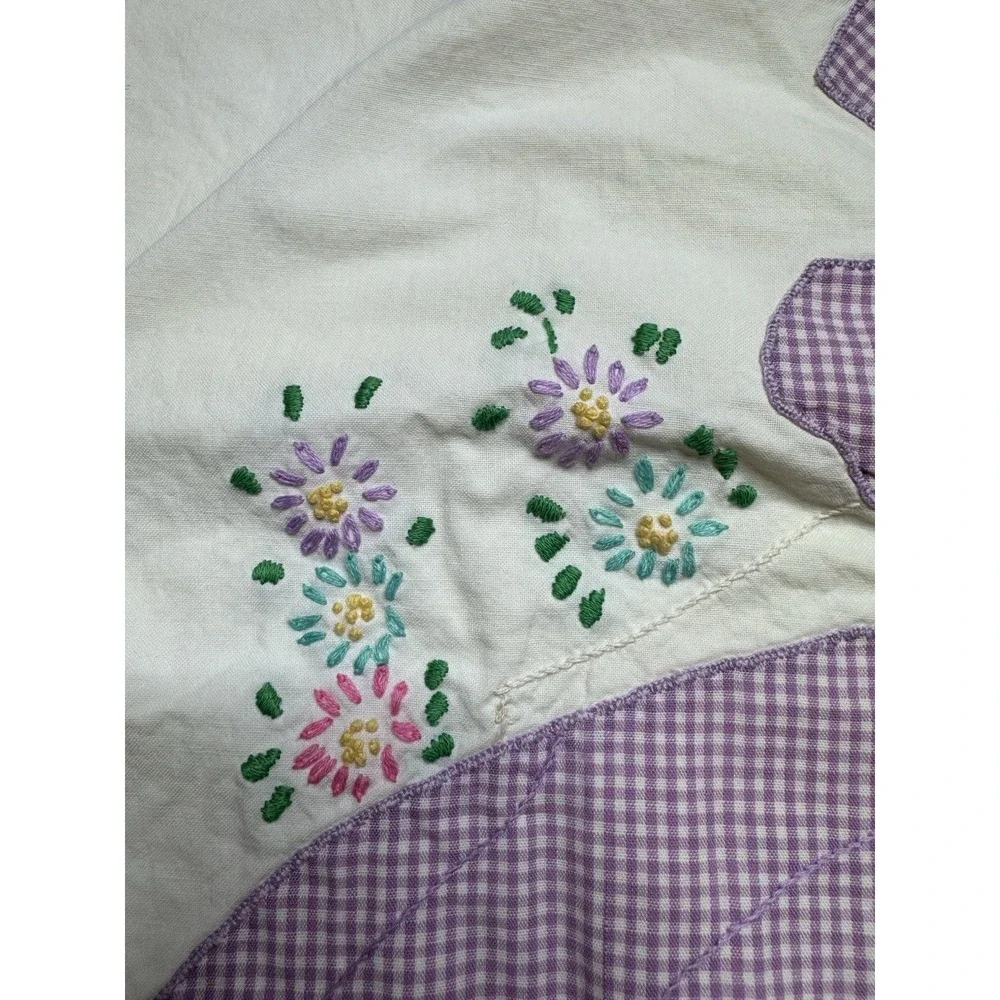 Vintage Hand Embroidered Pillowcase Purple Ruffle Trim Southern Girl (1) Flaw